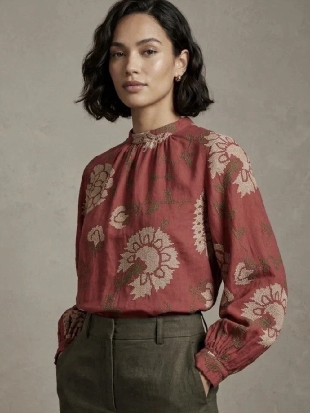 Anthropologie Payal Pratap Size 14 Embroidered Floral Stitched Peasant Top